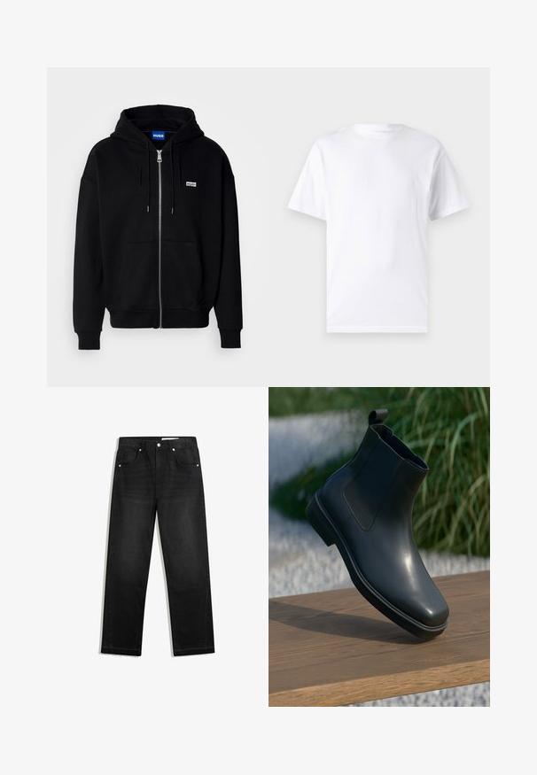 Sort hættejakke med lynlås lavet af blødt stof, med en forlomme, snoretræk i hætten og et lille hvidt logo på venstre bryst.; Hvid kortærmet t-shirt lavet af bomuld med rund hals, der har en glat tekstur og et simpelt design uden mønstre eller accenter.; Sorte denimjeans med lige bendesign, fem lommer, kontrasterende hardware og rå kantdetalje nederst.; Sort læder ankelstøvle med en glat overflade, elastiske sider og et løkkeagtigt trækstrop, der hviler på en træoverflade mod en sløret baggrund.