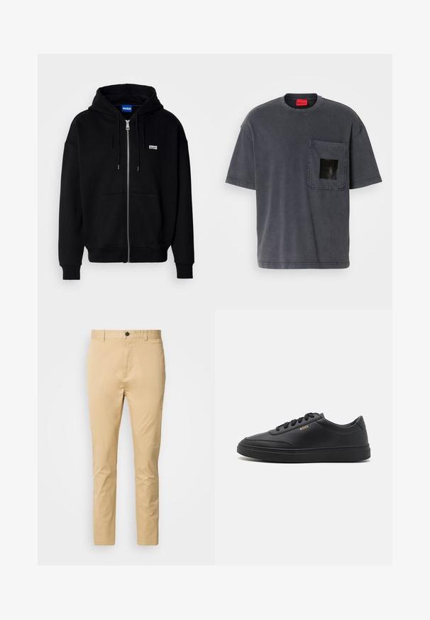 Sudadera con cremallera negra hecha de tejido suave, con un bolsillo frontal, capucha con cordón y un pequeño logo blanco en el lado izquierdo del pecho.; Camiseta de algodón de manga corta en gris oscuro con un bolsillo en el pecho que presenta un logo cuadrado negro y una etiqueta de marca roja en el interior del cuello.; Chinos beige de algodón con una textura suave. Incluyen un cierre de botón, pasadores para cinturón y se estrechan hacia el tobillo.; Zapatillas de cuero negro con una textura suave, punta redondeada, suela plana de goma y cordones a tono. Presentan el logotipo dorado "BOSS" en el lateral.