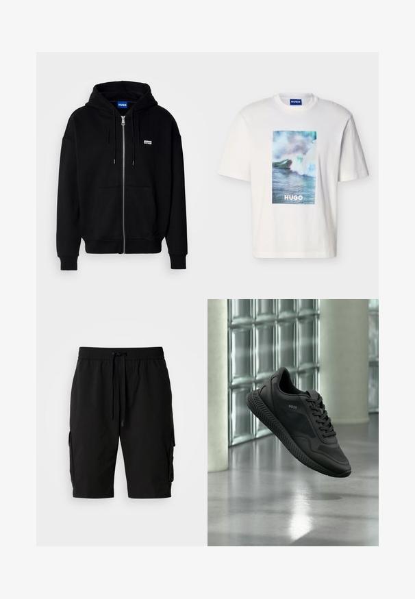 Sort hættejakke med lynlås lavet af blødt stof, med en forlomme, snoretræk i hætten og et lille hvidt logo på venstre bryst.; Hvid T-shirt med korte ærmer med blå, grønne og hvide havbølger og teksten "HUGO" centreret på forsiden.; Sorte cargo shorts lavet af letvægtsstof, med elastisk talje, snor og sidelommer til ekstra opbevaring.; Sort BOSS sneaker med mesh og læderdetaljer, svævende over en poleret gulv mod vægge af glasblokke.
