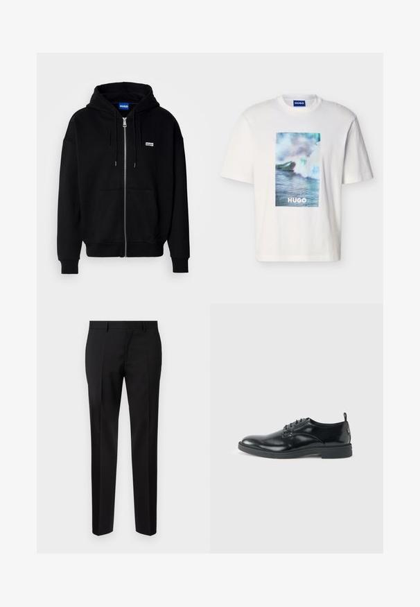 Hoodie zippé noir en tissu doux, avec une poche avant, une capuche à cordon et un petit logo blanc sur la poitrine gauche.; T-shirt blanc à manches courtes avec un motif de vague océanique en bleu, vert et blanc et le texte "HUGO" centré à l'avant.; Pantalons noirs ajustés en tissu lisse, présentant une jambe droite, des détails de pli raffinés et une taille classique avec passants de ceinture.; Chaussure habillée en cuir noir brillant avec un petit talon, fermeture à lacets et bout rond, vue de côté sur un fond uni et clair.