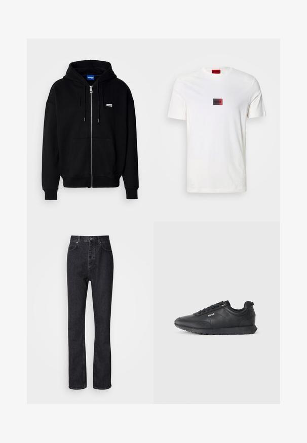 Zwarte ritshoodie van zacht materiaal, met een voorkantzak, een capuchon met koorden en een klein wit logo op de linkerborst.; Wit katoenen T-shirt met een klein rechthoekig logo in rood en zwart, gecentreerd op de borst. Korte mouwen, ontwerp met ronde hals.; Hoge taille zwarte denim jeans met een knoop- en ritssluiting, voor- en achterzakken en een rechte pasvorm.; Zwarte lage sneaker met vetersluiting aan de voorkant, getextureerde details en het "HUGO" logo op de zijkant, weergegeven in profiel op een witte achtergrond.