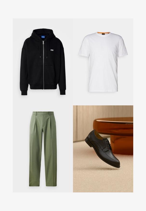 Sudadera con cremallera negra hecha de tejido suave, con un bolsillo frontal, capucha con cordón y un pequeño logo blanco en el lado izquierdo del pecho.; Camiseta de algodón blanca con cuello redondo, mangas cortas y un sutil logo en relieve en el pecho. La etiqueta interior tiene un acento naranja.; Pantalones a medida en tejido verde olivo con una textura suave, que cuentan con dos pliegues frontales, trabillas para el cinturón y un diseño de pierna recta.; Zapato de vestir negro de cuero con cordones flotando sobre una alfombra beige, con una mesa redonda naranja al fondo.