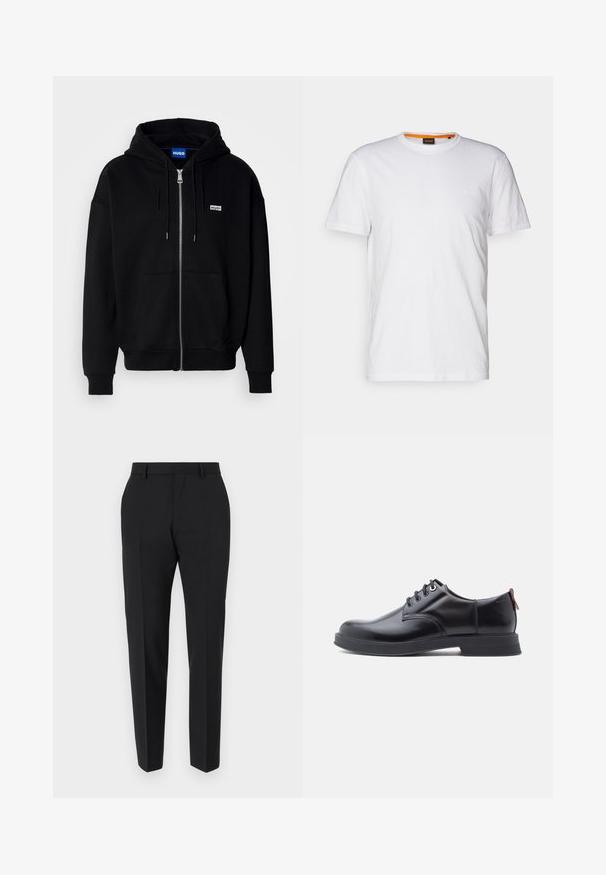 Sudadera con cremallera negra hecha de tejido suave, con un bolsillo frontal, capucha con cordón y un pequeño logo blanco en el lado izquierdo del pecho.; Camiseta de algodón blanca con cuello redondo, mangas cortas y un sutil logo en relieve en el pecho. La etiqueta interior tiene un acento naranja.; Pantalones negros con un diseño a medida, con frente plano, detalles de pliegue y un corte ajustado. Fabricados con una tela suave para un aspecto refinado.; Zapatos de piel negra con cordones, textura lisa, puntera redondeada y detalles sutiles de costura. Cuentan con una lengüeta roja en el talón.