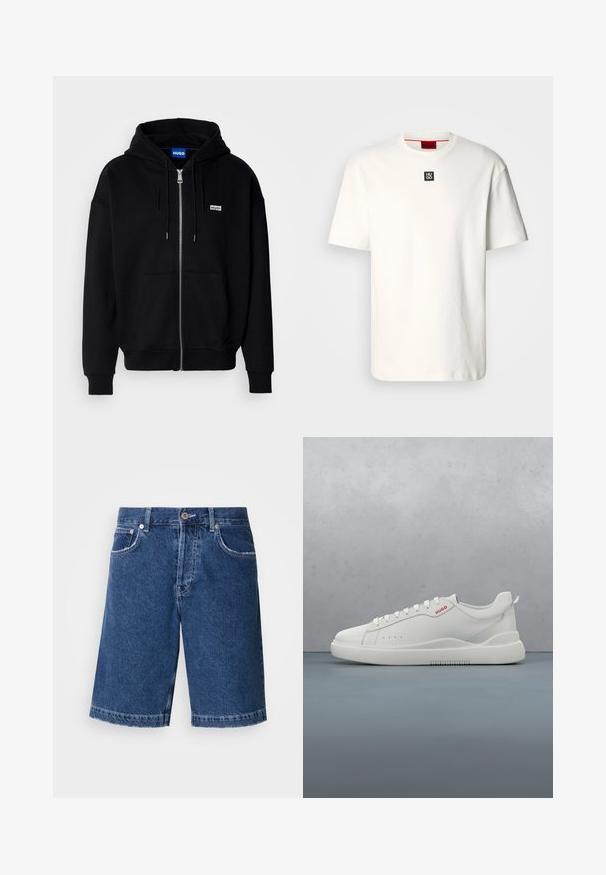Schwarze Zip-Hoodie aus weichem Stoff, mit einer Fronttasche, Kordelzugkapuze und einem kleinen weißen Logo auf der linken Brust.; Weißes Baumwoll-T-Shirt mit Rundhalsausschnitt, kurzen Ärmeln und einem kleinen schwarzen Quadratlabeled mit "HUGO" auf der Brust. Schlichte Gestaltung, weiche Textur.; Jeansshorts in Dunkelblau, mit geradem Schnitt, zwei vorderen Taschen und einer klassischen Knopfleiste. Genähter Saum mit leichter Ausbleichung.; Weiße Sneaker aus glattem Leder, runde Spitze, vier Ösen, dezente Perforationen und ein rotes Logodetail an der Seite.