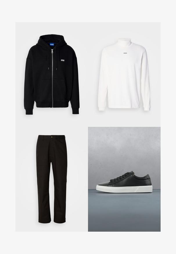 Schwarze Zip-Hoodie aus weichem Stoff, mit einer Fronttasche, Kordelzugkapuze und einem kleinen weißen Logo auf der linken Brust.; Weißes Langarm-Turtleneck-Shirt aus weichem Stoff, mit einem dezenten schwarzen "HUGO"-Logo auf der Vorderseite und engen Bündchen.; Schwarze Baumwollhosen mit geradem Schnitt, Gürtelschlaufen, einem Reißverschluss vorne und einem einzelnen Knopfverschluss. Glatte Textur ohne sichtbare Muster.; Schwarze Leder-Sneaker mit runder Zehenpartie, strukturiertem Obermaterial, weißer Gummisohle und schwarzen Schnürsenkeln. Minimalistisches Design mit schlankem Profil.
