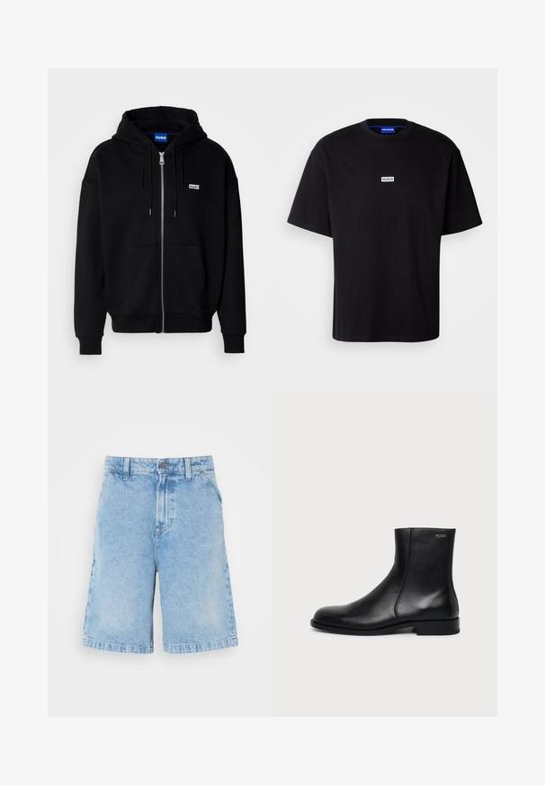 Zwarte ritshoodie van zacht materiaal, met een voorkantzak, een capuchon met koorden en een klein wit logo op de linkerborst.; Zwarte katoenen t-shirt met een ronde hals, korte mouwen en een witte rechthoekige "HUGO" logo op de borst. Gladde textuur, relaxte pasvorm.; Lichtblauwe denim shorts met een rechte snit, voorzien van vijf zakken, een knoopsluiting aan de voorkant en subtiele vervaging door de stof.; Zwarte leren enkellaars met lage hak, zijstiksels en klein "HUGO" logo op de bovenste boord tegen een effen achtergrond.