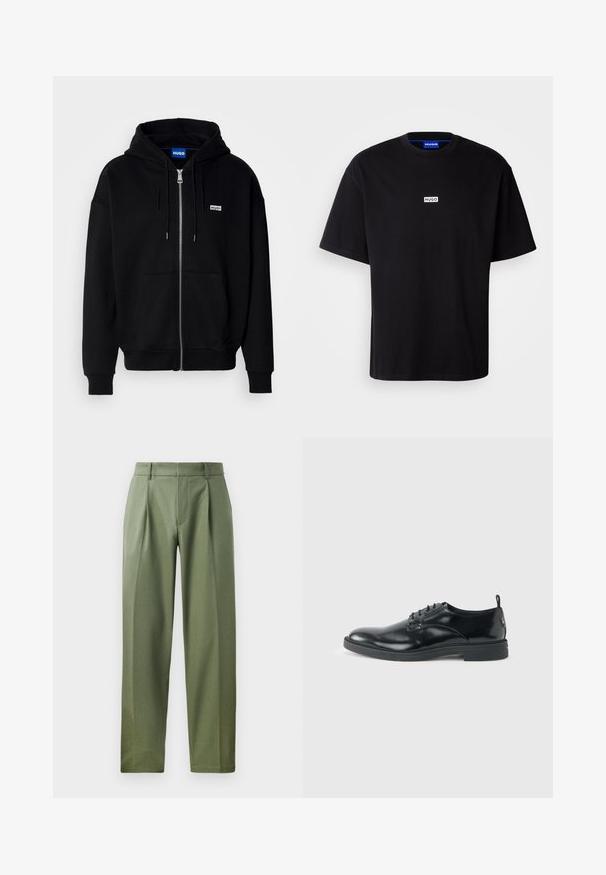 Schwarze Zip-Hoodie aus weichem Stoff, mit einer Fronttasche, Kordelzugkapuze und einem kleinen weißen Logo auf der linken Brust.; Schwarzes Baumwoll-T-Shirt mit Rundhalsausschnitt, kurzen Ärmeln und einem weißen rechteckigen "HUGO"-Logo auf der Brust. Glatte Textur, lockere Passform.; Maßgeschneiderte Hose aus olivgrünem Stoff mit glatter Textur, ausgestattet mit zwei vorderen Falten, Gürtelschlaufen und geradem Bein.; Glänzender schwarzer Lederschuh mit niedrigem Absatz, Schnürverschluss und runder Kappe, seitlich auf hellem, schlichten Hintergrund gezeigt.