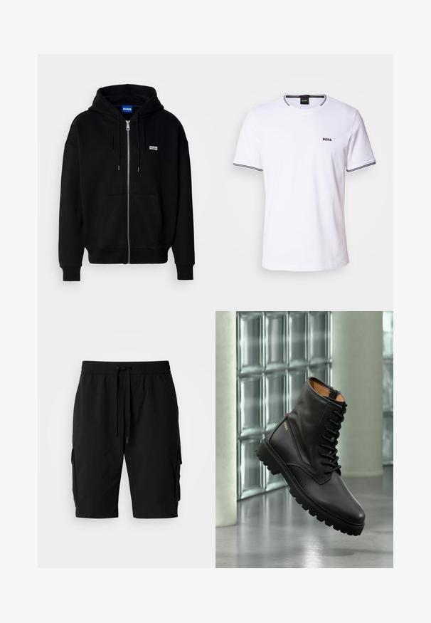 Sudadera con cremallera negra hecha de tejido suave, con un bolsillo frontal, capucha con cordón y un pequeño logo blanco en el lado izquierdo del pecho.; Camiseta de algodón blanca con mangas cortas, con un cuello redondo y rayas negras en el cuello y los puños de las mangas. Pequeño logotipo "BOSS" en el pecho.; Pantalones cortos cargo negros hechos de tejido ligero, con una cinturilla elástica, cordón y bolsillos laterales cargo para almacenamiento adicional.; Bota de combate de cuero negro con cordones y suela gruesa, logotipo dorado "HUGO" en el lateral, mostrada en un ambiente interior moderno con pared de bloques de vidrio de fondo.