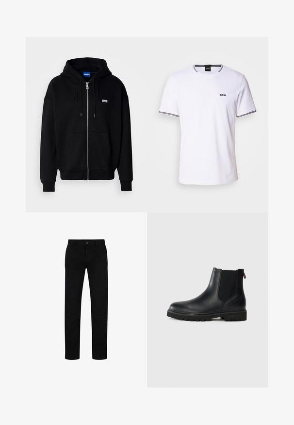 Schwarze Zip-Hoodie aus weichem Stoff, mit einer Fronttasche, Kordelzugkapuze und einem kleinen weißen Logo auf der linken Brust.; Weißes Baumwoll-T-Shirt mit kurzen Ärmeln, das über einen runden Halsausschnitt und schwarze Streifen am Kragen und den Ärmelabschlüssen verfügt. Kleines "BOSS"-Logo auf der Brust.; Schwarze Baumwollhosen mit geradem Schnitt, featuring einen Knopfverschluss, Gürtelschlaufen und minimalistischem Design. Glatte Textur, ohne Muster.; Schwarze Leder-Stiefelette mit elastischen Seiteneinsätzen, runder Spitze und einer robusten Gummisohle mit tiefem Profil für optimalen Halt.