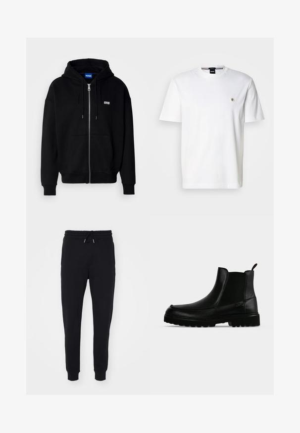 Hoodie zippé noir en tissu doux, avec une poche avant, une capuche à cordon et un petit logo blanc sur la poitrine gauche.; T-shirt en coton blanc avec un col rond, des manches courtes et un petit logo sur la poitrine gauche. Texture lisse, coupe classique.; Pantalons de survêtement noirs en tissu doux, dotés d'une taille élastique avec cordon de serrage, de poches latérales et de finitions ajustées aux chevilles.; Bottine noire en cuir avec semelle texturée, panneaux latéraux élastiques et languette de tirage sur fond gris clair.