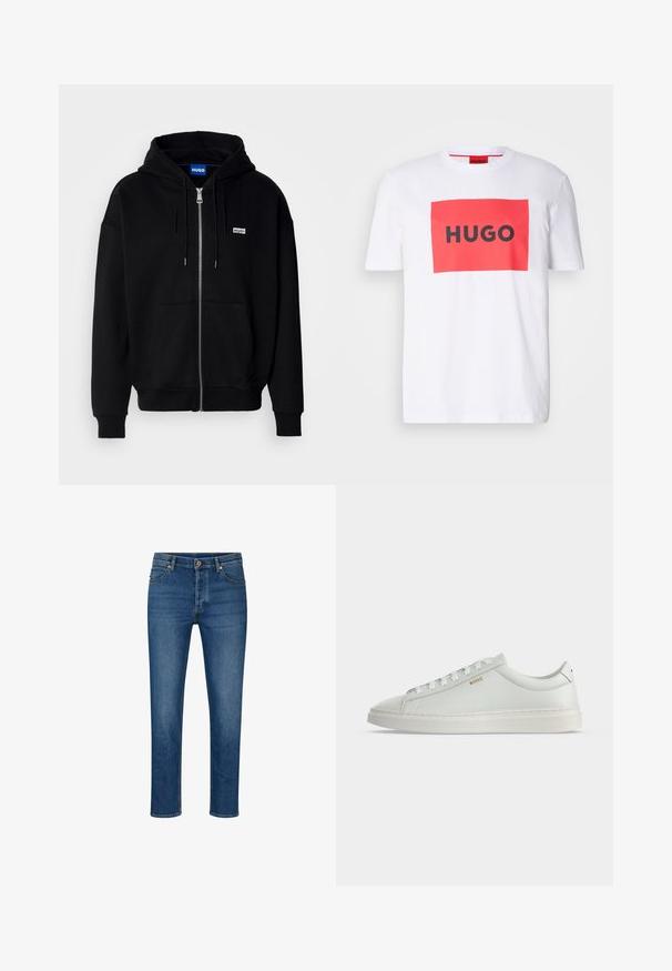Schwarze Zip-Hoodie aus weichem Stoff, mit einer Fronttasche, Kordelzugkapuze und einem kleinen weißen Logo auf der linken Brust.; Weißes Baumwoll-T-Shirt mit einem roten rechteckigen Grafik und fettem schwarzen Text "HUGO" in der Mitte. Kurze Ärmel, Rundhalsausschnitt-Design.; Blaue Denim-Jeans mit geradem Schnitt, ausgestattet mit fünf Taschen, Gürtelschlaufen und einem Knopfverschluss. Leichte Abnutzungsspuren und kontrastierende Nähte.; Weißer Leder-Sneaker in niedriger Ausführung mit Schnürsenkeln, flacher Sohle und kleinem goldfarbenem "BOSS" Logo an der Seite, von der Außenseite betrachtet.