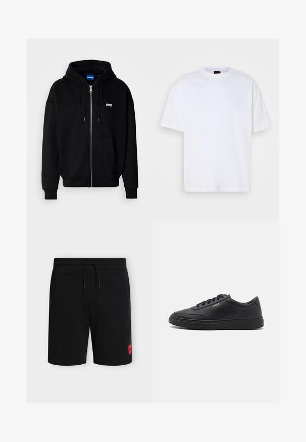 Sort hættejakke med lynlås lavet af blødt stof, med en forlomme, snoretræk i hætten og et lille hvidt logo på venstre bryst.; Hvid bomulds T-shirt med rund hals, korte ærmer og en afslappet pasform. Har strukturerede skuldersømme for ekstra detaljer.; Sorte knælange shorts med elastisk taljebånd og snøre, med en lille rød rektangulær logo-patch på venstre underben.; Sorte lædersneakers med en glat overflade, rund tå, flad gummisål og tonede snørebånd. Udstyret med guld "BOSS" branding på siden.