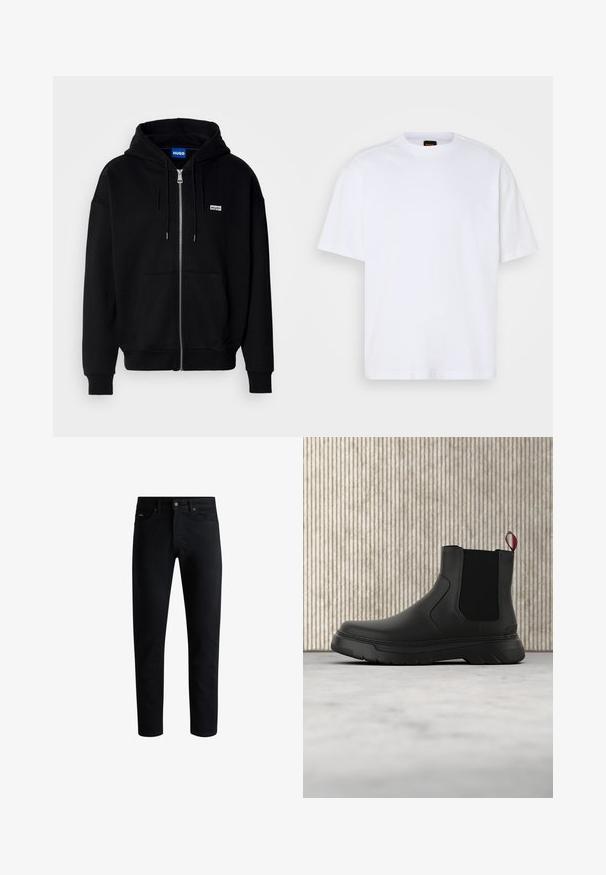 Sort hættejakke med lynlås lavet af blødt stof, med en forlomme, snoretræk i hætten og et lille hvidt logo på venstre bryst.; Hvid bomulds T-shirt med rund hals, korte ærmer og en afslappet pasform. Har strukturerede skuldersømme for ekstra detaljer.; Sorte slim-fit jeans med fem lommer, knaplukning og bæltestropper, præsenteret mod en hvid baggrund.; Sort ankelstøvle med en glat overflade, elastiske sidepaneler og en kontrasterende rød træksløjfe, der har en tyk gummisål og rund tå.