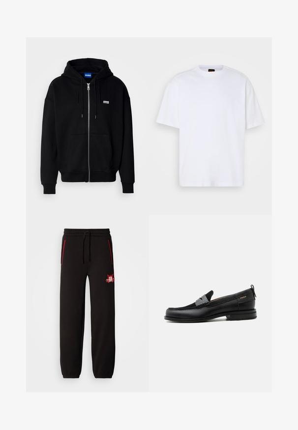 Sort hættejakke med lynlås lavet af blødt stof, med en forlomme, snoretræk i hætten og et lille hvidt logo på venstre bryst.; Hvid bomulds T-shirt med rund hals, korte ærmer og en afslappet pasform. Har strukturerede skuldersømme for ekstra detaljer.; Sorte sweatpants med elastisk talje, røde accent lynlåse og et fremtrædende broderet logo på venstre lår. Glat tekstur, tætsiddende fit.; Sort læderloafer med grå remdetalje, lav hæl og tekstureret sål, mærket med "HUGO" i guld på siden.