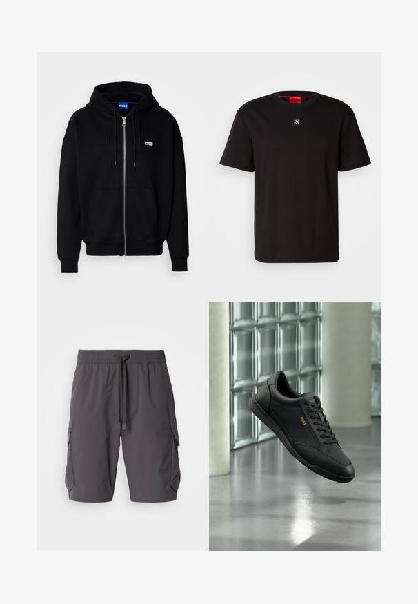 Must mustaga hoodie, mis on valmistatud pehmest kangast, millel on eesmine tasku, nööriga kapuuts ja väike valge logo vasakul rinnal.; HUGO DALILE - Lihtne T-särk - black; Hallid hallid lühikesed püksid, mis on valmistatud kergest kangast, joontega vöökohaga, küljetaskutega ja veidi lõtvade lõigetega.; Must BOSS tennisejalats paela-kinnitusega, siledad ja tekstuuriga paneelid, näidatud sisetingimustes riputatuna klaasplokkidest seina taustal.
