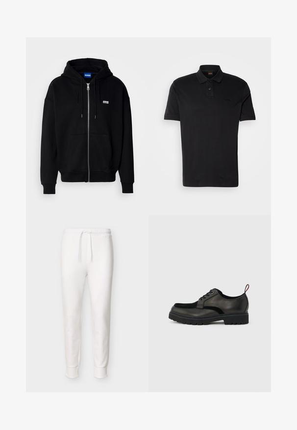 Hoodie zippé noir en tissu doux, avec une poche avant, une capuche à cordon et un petit logo blanc sur la poitrine gauche.; T-shirt polo noir en coton, avec un col classique, deux boutons et un logo brodé sur la poitrine. Manches courtes.; Pantalon jogger blanc à coupe slim avec taille élastique et cordon de serrage, poignets côtelés aux chevilles, présenté sur un fond uni.; Chaussure noire en cuir à lacets avec semelle épaisse crantée et languette rouge à l'arrière, vue de profil sur un fond gris clair.