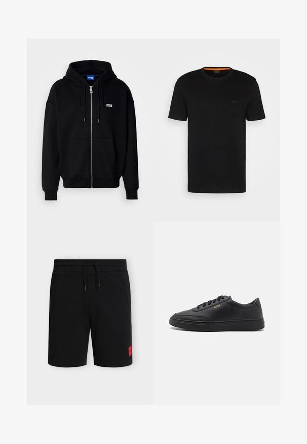Must mustaga hoodie, mis on valmistatud pehmest kangast, millel on eesmine tasku, nööriga kapuuts ja väike valge logo vasakul rinnal.; Must t-särk lühikeste varrukatega, valmistatud pehmest kangast, ümarate kaelustega ja esiküljel diskreetse logoga. Kaela sees on oranž aktsent.; Mustad põlvpikad lühikesed püksid elastse vöökohaga ja nööriga, alumisel vasakul jalal väike punane ristkülikukujuline logo.; Mustad nahkspordijalatsid siledast materjalist, ümarate varvastega, tasase kummist tallaga ja tooni sobivate paeltega. Küljes on kuldne "BOSS" bränding.