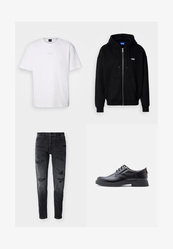 Sudadera con cremallera negra hecha de tejido suave, con un bolsillo frontal, capucha con cordón y un pequeño logo blanco en el lado izquierdo del pecho.; Camiseta de algodón blanca de manga corta, con escote redondo y logotipo grabado de "BOSS" en el pecho. Textura suave, ajuste estándar.; Vaqueros ajustados de color negro desgastados, con botón frontal, trabillas para cinturón y parches gastados en los muslos y las rodillas, sobre un fondo blanco.; Zapatos de piel negra con cordones, textura lisa, puntera redondeada y detalles sutiles de costura. Cuentan con una lengüeta roja en el talón.