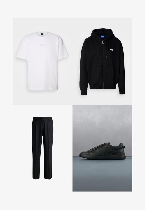 Sudadera con cremallera negra hecha de tejido suave, con un bolsillo frontal, capucha con cordón y un pequeño logo blanco en el lado izquierdo del pecho.; Camiseta de algodón blanca de manga corta, con escote redondo y logotipo grabado de "BOSS" en el pecho. Textura suave, ajuste estándar.; Pantalones negros de tela suave, con un diseño de pierna recta, pliegues en la parte delantera y cierre de botón con trabillas para cinturón.; HUGO BLAKE - Zapatillas - black