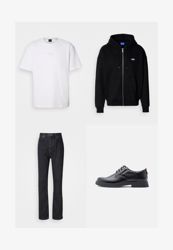 Sudadera con cremallera negra hecha de tejido suave, con un bolsillo frontal, capucha con cordón y un pequeño logo blanco en el lado izquierdo del pecho.; Camiseta de algodón blanca de manga corta, con escote redondo y logotipo grabado de "BOSS" en el pecho. Textura suave, ajuste estándar.; Jeans de mezclilla negros de cintura alta con cierre de botón y cremallera, bolsillos frontales y traseros, y corte recto.; Zapatos de piel negra con cordones, textura lisa, puntera redondeada y detalles sutiles de costura. Cuentan con una lengüeta roja en el talón.