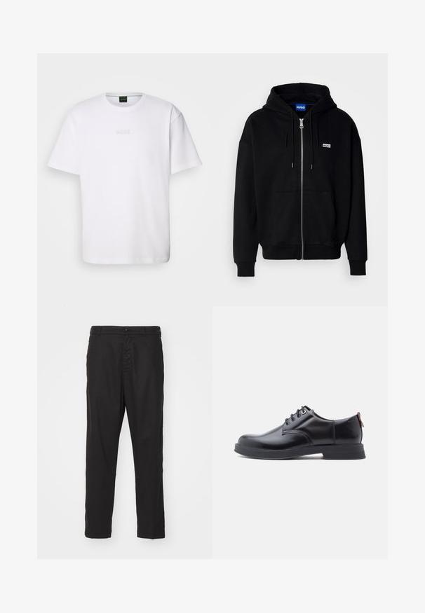 Sudadera con cremallera negra hecha de tejido suave, con un bolsillo frontal, capucha con cordón y un pequeño logo blanco en el lado izquierdo del pecho.; Camiseta de algodón blanca de manga corta, con escote redondo y logotipo grabado de "BOSS" en el pecho. Textura suave, ajuste estándar.; Chinos de algodón negros con un diseño de pierna recta, cierre de botón y bolsillos laterales. Textura suave y sin patrones o acentos visibles.; Zapatos de piel negra con cordones, textura lisa, puntera redondeada y detalles sutiles de costura. Cuentan con una lengüeta roja en el talón.