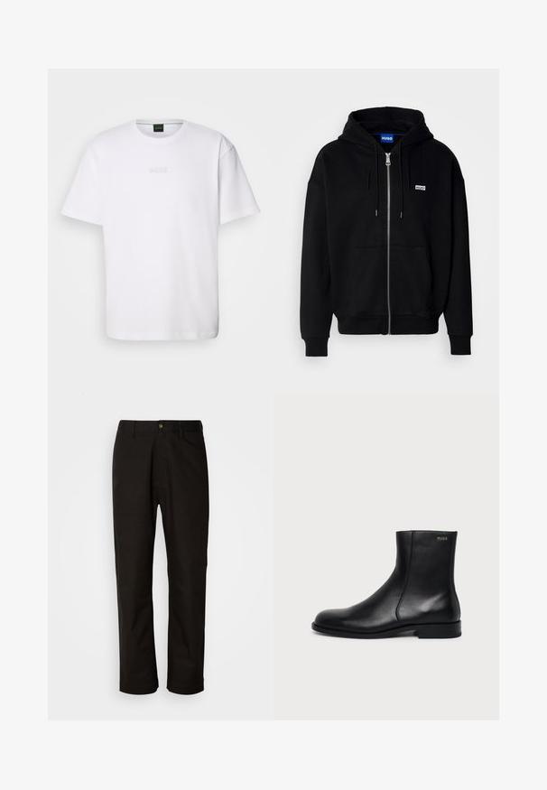 Zwarte ritshoodie van zacht materiaal, met een voorkantzak, een capuchon met koorden en een klein wit logo op de linkerborst.; Witte katoenen T-shirt met korte mouwen, ronde halslijn en reliëf 'BOSS' logo op de borst. Veilig textuur, standaard pasvorm.; Zwarte katoenen broek met een rechte snit, riemlussen, een ritssluiting aan de voorkant en een enkele knoopsluiting. Soepele textuur zonder zichtbare patronen.; Zwarte leren enkellaars met lage hak, zijstiksels en klein "HUGO" logo op de bovenste boord tegen een effen achtergrond.
