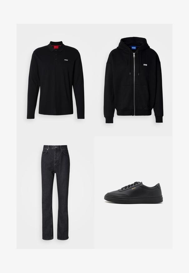 Schwarze Zip-Hoodie aus weichem Stoff, mit einer Fronttasche, Kordelzugkapuze und einem kleinen weißen Logo auf der linken Brust.; Schwarzes Longsleeve-Polohemd aus Baumwolle mit rotem Kragen und Drei-Knopf-Leiste, ausgestattet mit einem weißen "HUGO"-Logo auf der Brust.; Hochtaillierte schwarze Jeans aus Denim mit Knopf- und Reißverschluss, Vorder- und Hintertaschen sowie einer geraden Passform.; Schwarze Leder-Sneaker mit glatter Textur, runder Zehenpartie, flacher Gummisohle und einfarbigen Schnürsenkeln. Mit goldfarbenem "BOSS" Logo an der Seite.