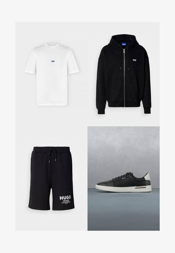 Zwarte ritshoodie van zacht materiaal, met een voorkantzak, een capuchon met koorden en een klein wit logo op de linkerborst.; Wit T-shirt met korte mouwen en een ronde hals met een klein blauw rechthoekig "HUGO"-logo gecentreerd op de borst.; Zwarte katoenen shorts met een elastische tailleband en koord. Witte "HUGO" logo op het linkerpijp. Eenvoudig ontwerp, knielange snit.; Zwarte leren sneaker met witte zool, voorzien van perforaties, vetersluiting, logo aan de zijkant en contrasterend hieldetail in wit en bruin.