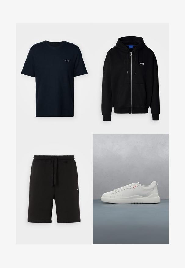 Zwarte ritshoodie van zacht materiaal, met een voorkantzak, een capuchon met koorden en een klein wit logo op de linkerborst.; Donkerblauwe katoenen T-shirt met een geribbelde textuur, korte mouwen en een klein wit "BOSS" logo op de linkerkant van de borst. Eenvoudig ontwerp met ronde hals.; Zwarte katoenen shorts met een elastische tailleband en drawstring. Voorzien van zijzakken en een klein logo aan de voorkant. Glad textuur.; Witte sneaker met een gladde leren afwerking, ronde neus, vier veterogen, subtiele perforaties en een rood logo detail aan de zijkant.