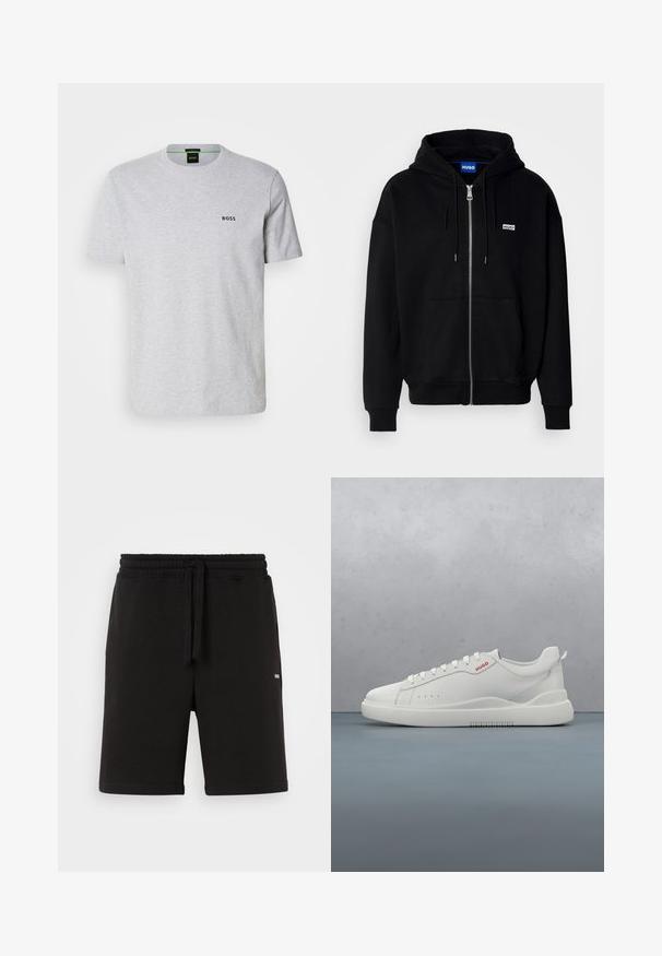 Must mustaga hoodie, mis on valmistatud pehmest kangast, millel on eesmine tasku, nööriga kapuuts ja väike valge logo vasakul rinnal.; Hall masturist t-särk, millel on ümmargune kaelus, lühikesed varrukad ja rindkerel väike must "BOSS" logo. Sile tekstuur, vabaaja disain.; Mustad must puuvillased lühikesed püksid, millel on elastne vöökoht ja nöör. Omab küljekotte ja väikest logosid ees. Sile tekstuur.; Valged spordijalatsid siledast nahast, ümar varvas, neli silmaauku, kerged perforatsioonid ja punane logo külje peal.