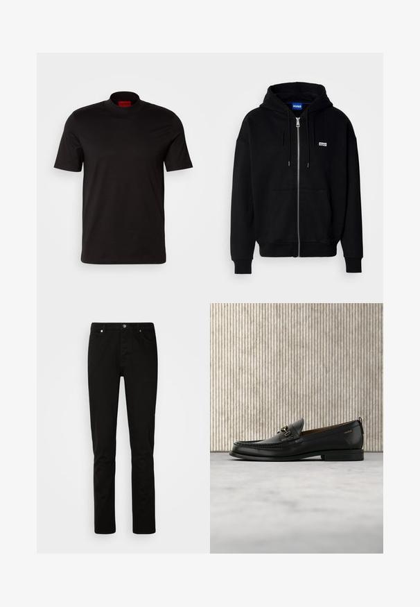 Sort hættejakke med lynlås lavet af blødt stof, med en forlomme, snoretræk i hætten og et lille hvidt logo på venstre bryst.; Sort kortærmet t-shirt med høj hals design. Fremstillet af glat stof. Har et rødt mærke på indersiden af kraven.; Sorte jeans med lige ben med foran knap- og lynlåslukning, for- og baglommer, vist på en lys ensartet baggrund.; Sort læderloafers med guldfarvet metaldekoration og "HUGO" branding, vist mod en beige tæppe og brunt gennemsigtigt møbel.