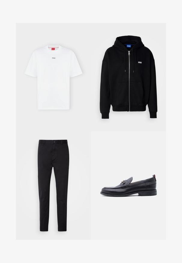 Sudadera con cremallera negra hecha de tejido suave, con un bolsillo frontal, capucha con cordón y un pequeño logo blanco en el lado izquierdo del pecho.; Camiseta blanca de manga corta con pequeño logo negro "HUGO" centrado en el pecho y una etiqueta roja dentro del cuello.; Chinos negros con una textura suave, cierre de botón y diseño ajustado. Ideales para un look casual o semi-formal.; Mocasín de cuero negro con empeine gris texturizado, detalle de hebilla metálica plateada, tacón bajo y lengüeta para tirar en la parte trasera.