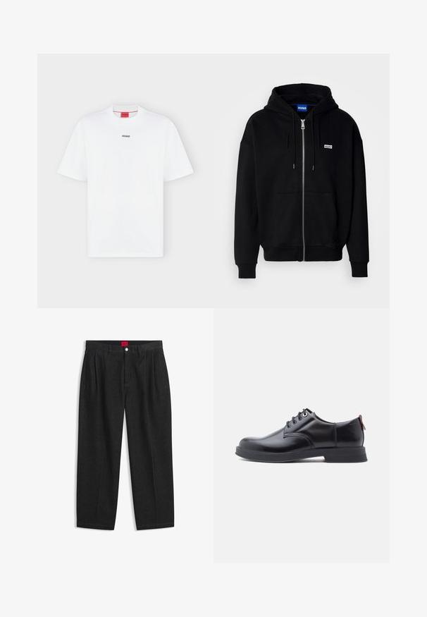 Schwarze Zip-Hoodie aus weichem Stoff, mit einer Fronttasche, Kordelzugkapuze und einem kleinen weißen Logo auf der linken Brust.; Weißes T-Shirt mit kurzen Ärmeln und kleinem schwarzem "HUGO" Logo mittig auf der Brust und einem roten Etikett innen im Kragen.; Schwarze Hose mit hoher Taille, vorderen Falten, Gürtelschlaufen, Knopf- und Reißverschluss sowie einem roten Etikett innen am Bund.; Schwarze Leder-Schnürschuhe mit glatter Textur, rundem Zehenbereich und dezenten Ziernähten. Mit einem roten Laschenband an der Ferse.