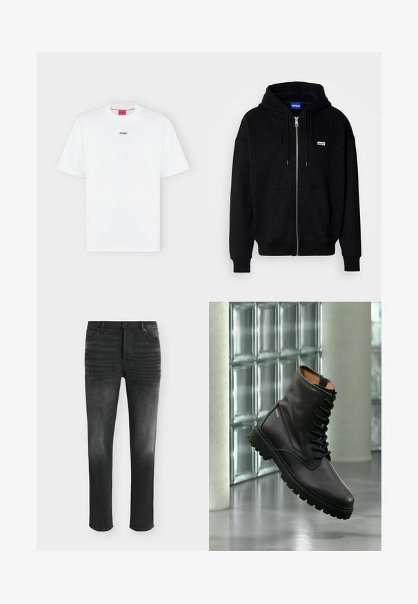 Schwarze Zip-Hoodie aus weichem Stoff, mit einer Fronttasche, Kordelzugkapuze und einem kleinen weißen Logo auf der linken Brust.; Weißes T-Shirt mit kurzen Ärmeln und kleinem schwarzem "HUGO" Logo mittig auf der Brust und einem roten Etikett innen im Kragen.; Schwarze Skinny-Jeans mit ausgebleichten Details, Fünf-Taschen-Stil und Knopfverschluss in der Taille.; Schwarzer Leder-Schnürkampfstiefel mit dicker Sohle, goldenem "HUGO"-Logo an der Seite, präsentiert in modernem Innenraum mit Glasbausteinwand im Hintergrund.