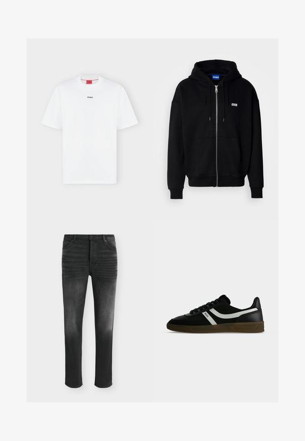 Schwarze Zip-Hoodie aus weichem Stoff, mit einer Fronttasche, Kordelzugkapuze und einem kleinen weißen Logo auf der linken Brust.; Weißes T-Shirt mit kurzen Ärmeln und kleinem schwarzem "HUGO" Logo mittig auf der Brust und einem roten Etikett innen im Kragen.; Schwarze Skinny-Jeans mit ausgebleichten Details, Fünf-Taschen-Stil und Knopfverschluss in der Taille.; Schwarzer Sneaker mit niedrigem Schaft, brauner Sohle, weißen Seitenstreifen, schwarzen Schnürsenkeln und dem Text "BOSS" an der Seite, dargestellt aus dem Außenprofil.