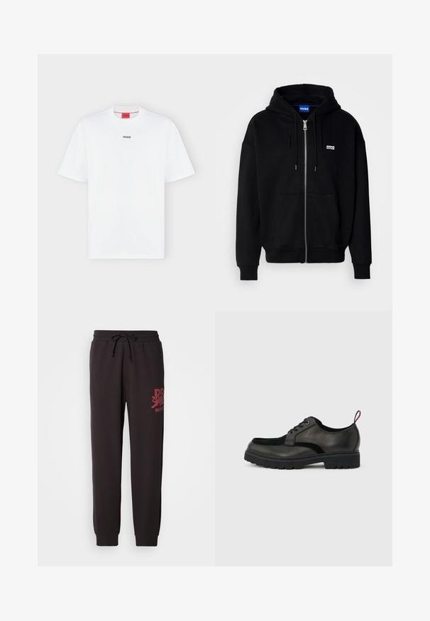Sort hættejakke med lynlås lavet af blødt stof, med en forlomme, snoretræk i hætten og et lille hvidt logo på venstre bryst.; Hvid T-shirt med korte ærmer med lille sort "HUGO" logo centreret på brystet og et rødt mærke inde i kraven.; Sorte sweatpants med snøre i taljen, prydet med et maroon trykt logo på venstre ben. Fremstillet af blødt, struktureret stof.; Sort læder snøresko med tyk slidbanesål og rød hælestropp, vist i sideprofil på en lysegrå baggrund.