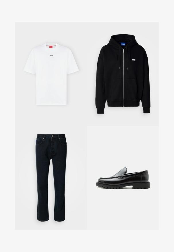 Schwarze Zip-Hoodie aus weichem Stoff, mit einer Fronttasche, Kordelzugkapuze und einem kleinen weißen Logo auf der linken Brust.; Weißes T-Shirt mit kurzen Ärmeln und kleinem schwarzem "HUGO" Logo mittig auf der Brust und einem roten Etikett innen im Kragen.; HUGO JONAH - Jeans Straight Leg - dark blue; Schwarzer Lederloafer mit grober Gummisohle, genähter Oberseite und geprägtem Markennamen an der Ferse, seitlich auf weißem Hintergrund gezeigt.