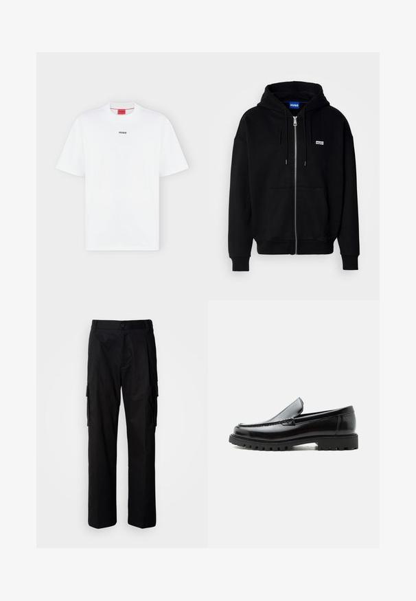 Schwarze Zip-Hoodie aus weichem Stoff, mit einer Fronttasche, Kordelzugkapuze und einem kleinen weißen Logo auf der linken Brust.; Weißes T-Shirt mit kurzen Ärmeln und kleinem schwarzem "HUGO" Logo mittig auf der Brust und einem roten Etikett innen im Kragen.; Schwarze Cargohose mit lockerem Schnitt, seitlichen Taschen, Knopfverschluss und glattem, leichtem Stoff.; Schwarzer Lederloafer mit grober Gummisohle, genähter Oberseite und geprägtem Markennamen an der Ferse, seitlich auf weißem Hintergrund gezeigt.