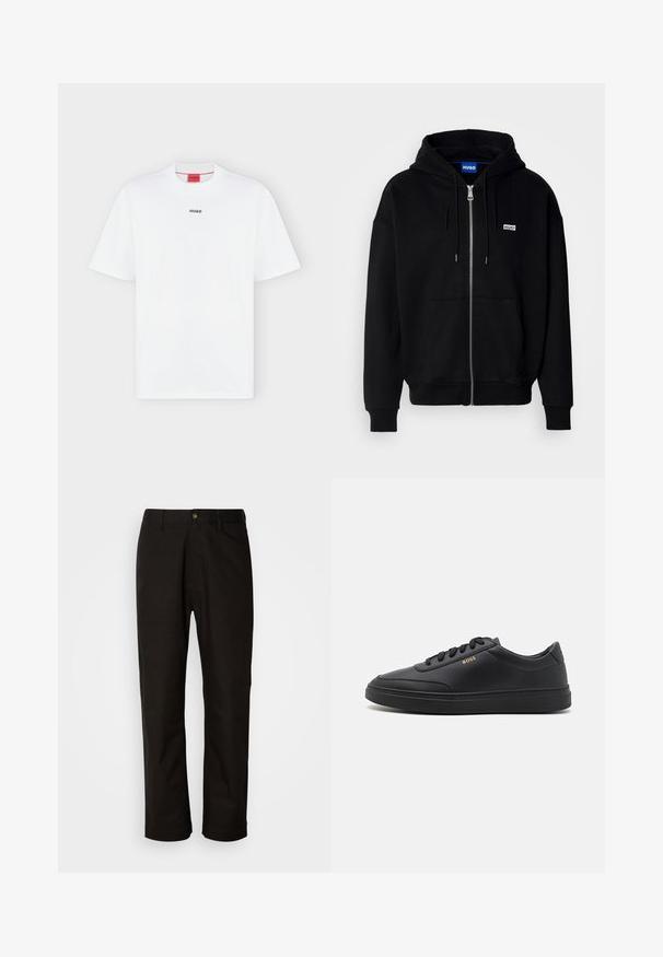Schwarze Zip-Hoodie aus weichem Stoff, mit einer Fronttasche, Kordelzugkapuze und einem kleinen weißen Logo auf der linken Brust.; Weißes T-Shirt mit kurzen Ärmeln und kleinem schwarzem "HUGO" Logo mittig auf der Brust und einem roten Etikett innen im Kragen.; Schwarze Baumwollhosen mit geradem Schnitt, Gürtelschlaufen, einem Reißverschluss vorne und einem einzelnen Knopfverschluss. Glatte Textur ohne sichtbare Muster.; Schwarze Leder-Sneaker mit glatter Textur, runder Zehenpartie, flacher Gummisohle und einfarbigen Schnürsenkeln. Mit goldfarbenem "BOSS" Logo an der Seite.