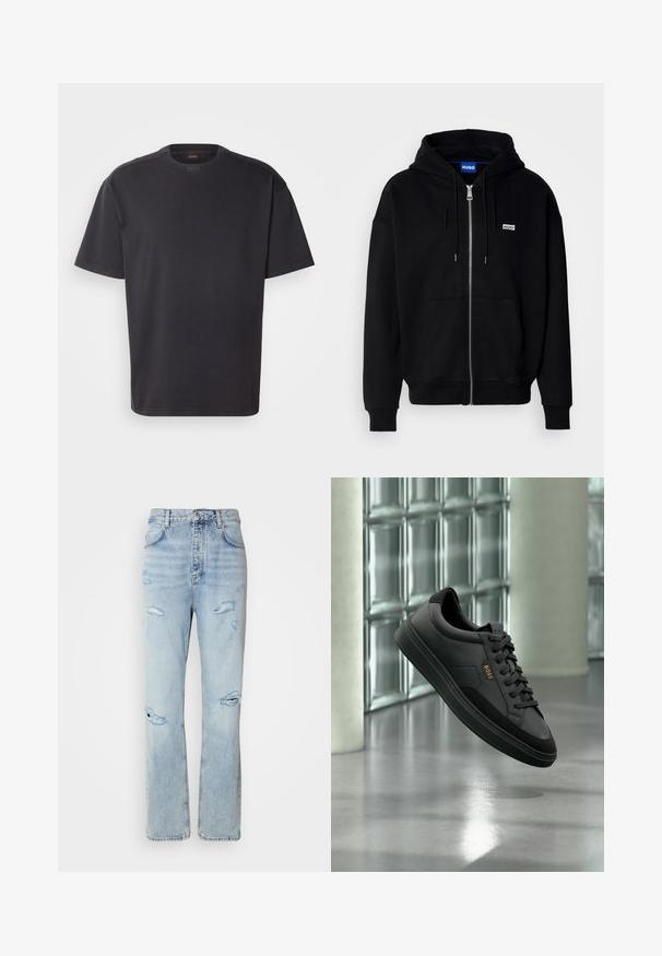 Sort hættejakke med lynlås lavet af blødt stof, med en forlomme, snoretræk i hætten og et lille hvidt logo på venstre bryst.; Sort kortærmet T-shirt lavet af bomuld, med rund halsudskæring og subtil branding ved kraven. Glat tekstur med en afslappet pasform.; Lysvaskede denimjeans med en afslappet pasform, der har slidte områder og frynsede kanter. Stoffet har en blød, glat tekstur.; Sort lavtop sneakers i læder med sorte snørebånd og guld "BOSS" logo, vist i luften mod en glasblokvæg og gråt gulv.