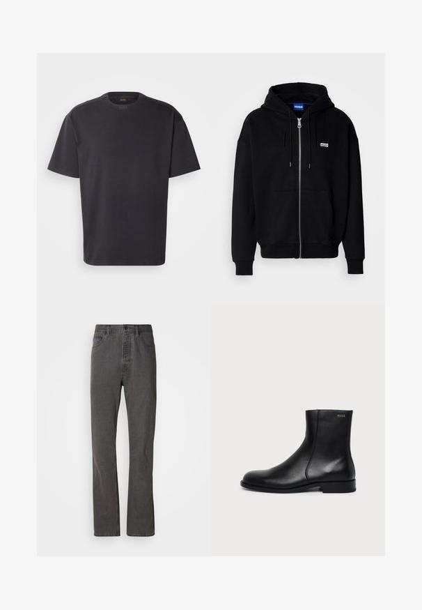 Schwarze Zip-Hoodie aus weichem Stoff, mit einer Fronttasche, Kordelzugkapuze und einem kleinen weißen Logo auf der linken Brust.; Schwarzes T-Shirt mit kurzen Ärmeln aus Baumwolle, mit rundem Halsausschnitt und dezentem Branding am Kragen. Weiche Textur mit lässiger Passform.; Graue Denim-Jeans im geraden Schnitt, mit frontalen Taschen, einem Knopfverschluss und subtiler Textur.; Schwarzer Leder-Stiefelette mit niedrigem Absatz, seitlichem Reißverschluss und kleinem "HUGO"-Logo nahe dem oberen Rand auf hellem einfarbigem Hintergrund.