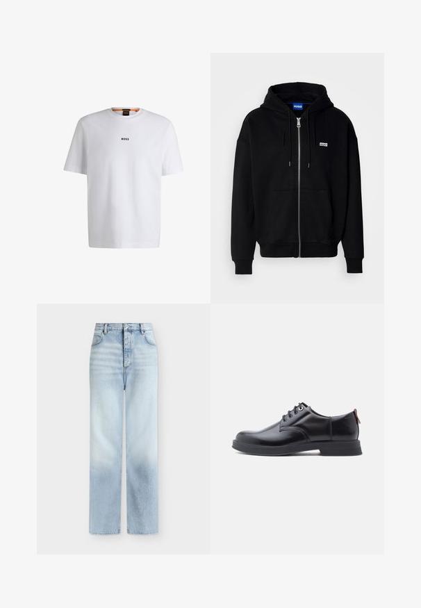 Sudadera con cremallera negra hecha de tejido suave, con un bolsillo frontal, capucha con cordón y un pequeño logo blanco en el lado izquierdo del pecho.; Camiseta de algodón blanca de manga corta, con un logotipo negro "BOSS" centrado en el pecho y un diseño de cuello redondo.; Vaqueros azul claro de talle alto y pierna recta con bolsillos delanteros, trabillas para cinturón y cierre de botón.; Zapatos de piel negra con cordones, textura lisa, puntera redondeada y detalles sutiles de costura. Cuentan con una lengüeta roja en el talón.
