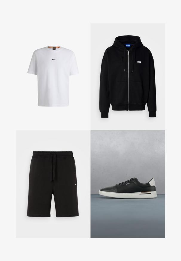 Hoodie zippé noir en tissu doux, avec une poche avant, une capuche à cordon et un petit logo blanc sur la poitrine gauche.; T-shirt en coton blanc à manches courtes, avec un logo noir "BOSS" centré sur la poitrine et un design à col rond.; Shorts en coton noir avec une taille élastique et un cordon de serrage. Dotés de poches latérales et d'un petit logo à l'avant. Texture lisse.; Sneaker en cuir noir avec semelle blanche, présente des perforations, un design à lacets, logo sur le côté et détail de talon contrasté en blanc et marron.