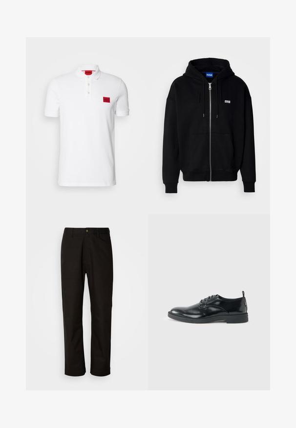 Sudadera con cremallera negra hecha de tejido suave, con un bolsillo frontal, capucha con cordón y un pequeño logo blanco en el lado izquierdo del pecho.; Camisa polo blanca de algodón, con un ribete de tres botones, mangas cortas y un parche de logo rectangular rojo en el lado izquierdo del pecho.; Pantalones de algodón negros con corte recto, presillas para el cinturón, cremallera frontal y un solo botón de cierre. Textura suave sin patrones visibles.; Zapato de vestir negro de cuero brillante con tacón bajo, cierre de cordones y puntera redonda, mostrado de lado sobre un fondo claro y liso.