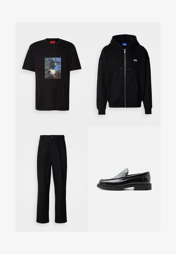 Zwarte ritshoodie van zacht materiaal, met een voorkantzak, een capuchon met koorden en een klein wit logo op de linkerborst.; Zwarte Hugo-t-shirt met een graphic van een vrouw die op de vloer zit in een donkere kamer met een blauwachtige achtergrond, en de tekst "HUGO" erboven.; Zwarte rechte broek met een knoopsluiting, lusjes voor een riem en een voornaad, gepresenteerd tegen een effen witte achtergrond.; Zwarte leren loafer met dikke rubberen zool, gestikte bovenkant en gegraveerde merknaam op de hiel, zijaanzicht op witte achtergrond.