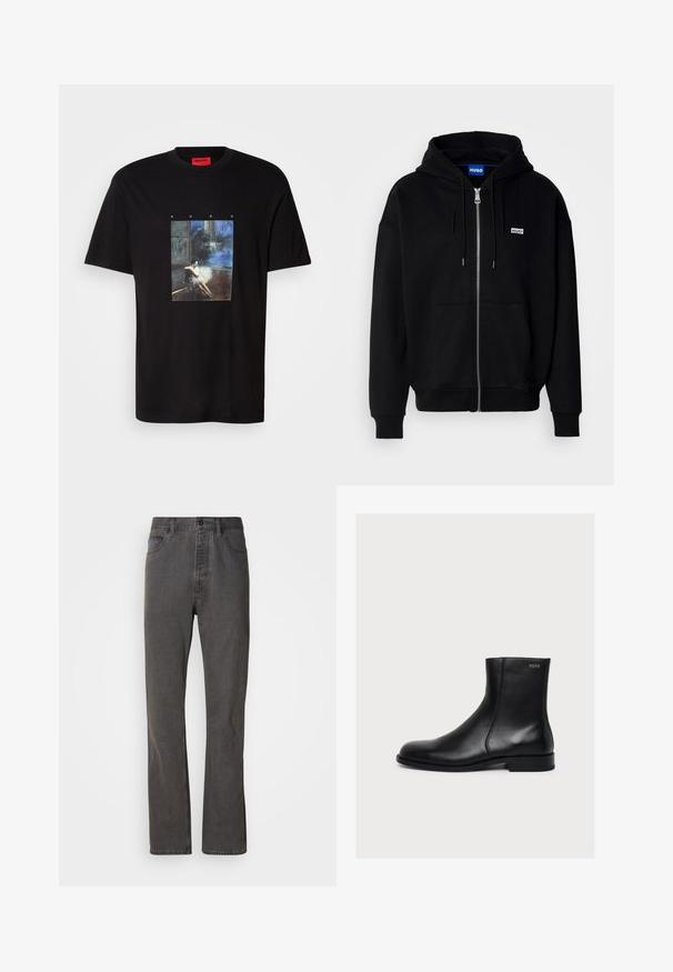 Zwarte ritshoodie van zacht materiaal, met een voorkantzak, een capuchon met koorden en een klein wit logo op de linkerborst.; Zwarte Hugo-t-shirt met een graphic van een vrouw die op de vloer zit in een donkere kamer met een blauwachtige achtergrond, en de tekst "HUGO" erboven.; Grijze spijkerbroek met een rechte pijp, voorzien van voorzakken, een knoopsluiting en een subtiele textuur.; Zwarte gladde lederen enkellaars met lage hak en zijrits, gelabeld Hugo vlak bij de bovenrand.