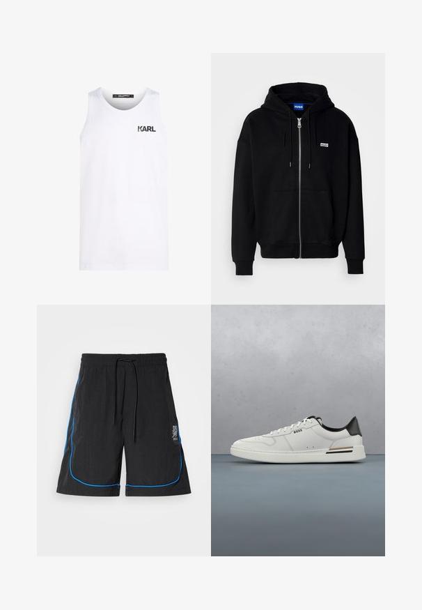 Schwarze Zip-Hoodie aus weichem Stoff, mit einer Fronttasche, Kordelzugkapuze und einem kleinen weißen Logo auf der linken Brust.; Weißes Tanktop aus Baumwolle mit rundem Halsausschnitt. Mit einem schwarzen Logodruck auf der Brust. Einfaches Design und ärmelloser Stil.; Schwarze Badeshorts mit einem Kordelzugbund, die blaue Paspeln entlang der Nähte und ein Logo am linken Oberschenkel aufweisen. Leichtes Material.; Weißer Sneaker mit niedrigem Schnitt und schwarzer Ferse, Schnürverschluss, dezenten Perforationen und "BOSS"-Logo an der Seite, gezeigt von der äußeren Seitenansicht.