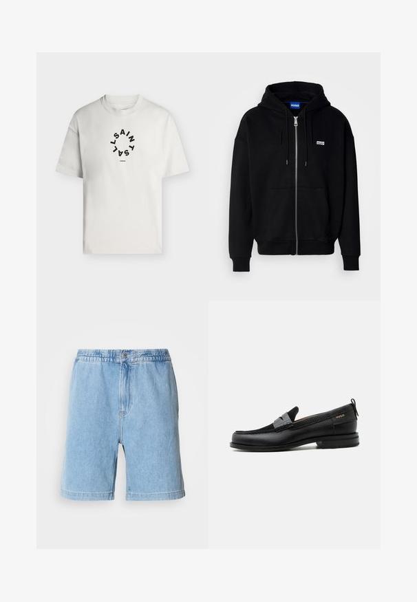 Sudadera con cremallera negra hecha de tejido suave, con un bolsillo frontal, capucha con cordón y un pequeño logo blanco en el lado izquierdo del pecho.; Camiseta blanca de manga corta con cuello redondo, con texto circular negro que dice "SAINT LAINT" y "LONDON" debajo del círculo.; Pantalones cortos de mezclilla azul claro con cintura elástica, cierre frontal con botón, bolsillos laterales y un diseño de corte recto. Longitud a mitad del muslo.; Mocasín de cuero negro con detalle de tira gris, tacón bajo y suela texturizada, con la marca "HUGO" en oro en el lateral.