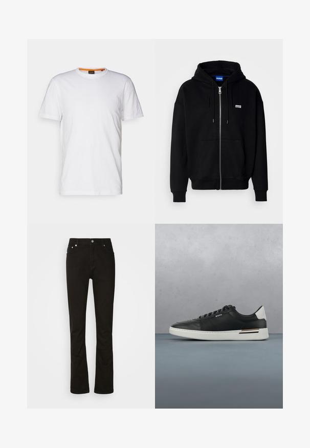 Sudadera con cremallera negra hecha de tejido suave, con un bolsillo frontal, capucha con cordón y un pequeño logo blanco en el lado izquierdo del pecho.; Camiseta de algodón blanca con cuello redondo, mangas cortas y un sutil logo en relieve en el pecho. La etiqueta interior tiene un acento naranja.; Jeans de denim negro con diseño de pierna recta, que cuentan con bolsillos frontales, una cremallera y acentos de hardware plateado. Textura suave, sin patrones.; Zapatilla de cuero negra con suela blanca, cuenta con perforaciones, diseño de cordones, logo en el costado y detalle del talón en blanco y marrón.