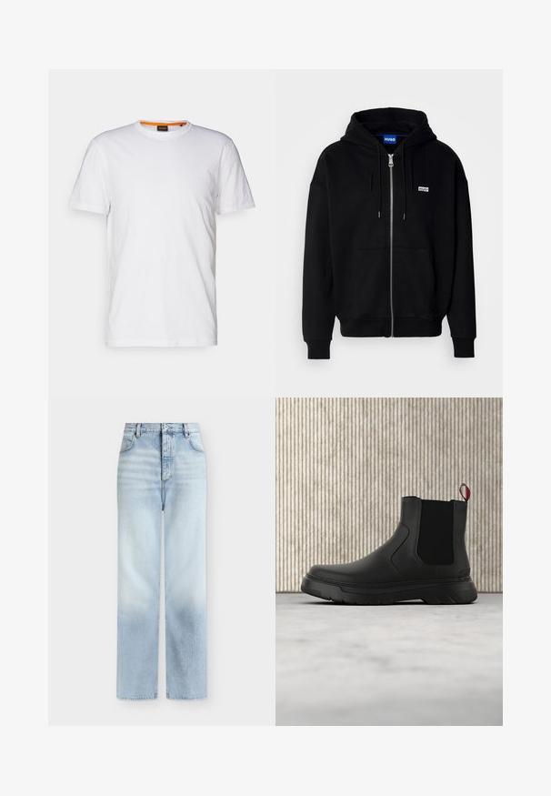 Sort hættejakke med lynlås lavet af blødt stof, med en forlomme, snoretræk i hætten og et lille hvidt logo på venstre bryst.; Hvid bomulds T-shirt med rund hals, korte ærmer og et subtilt præget logo på brystet. Indvendigt mærke har en orange detalje.; Lyseblå, højtaljede jeans med rette ben, forlommer, bæltestropper og knaplukning.; Sort ankelstøvle med en glat overflade, elastiske sidepaneler og en kontrasterende rød træksløjfe, der har en tyk gummisål og rund tå.